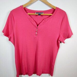 Karen Scott Women's Large Hot‎ Pink Short Sleeve V-Neck Henley Top